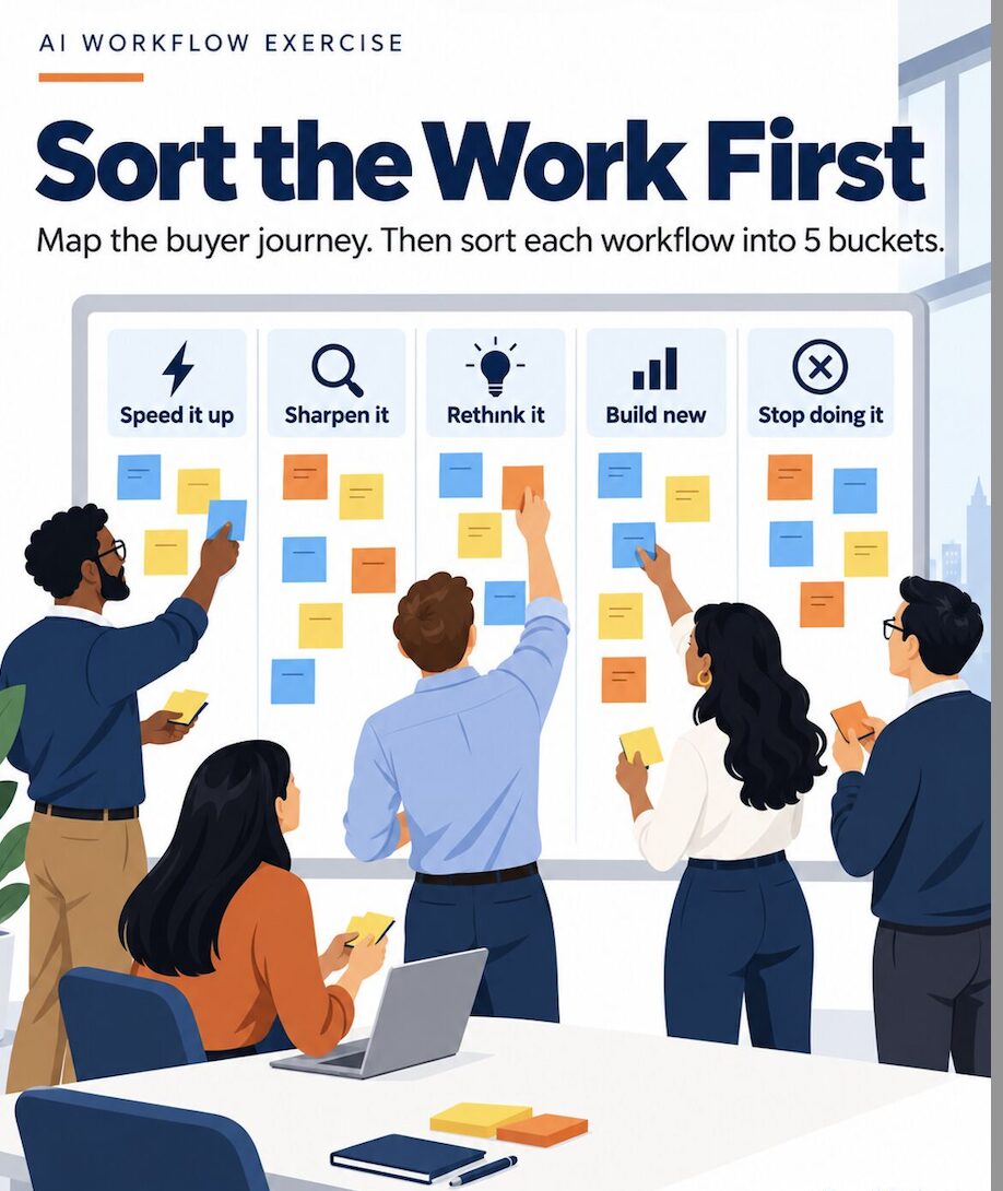 A leadership team sorting sticky notes on a whiteboard into five columns: Speed it up, Sharpen it, Rethink it, Build new, Stop doing it